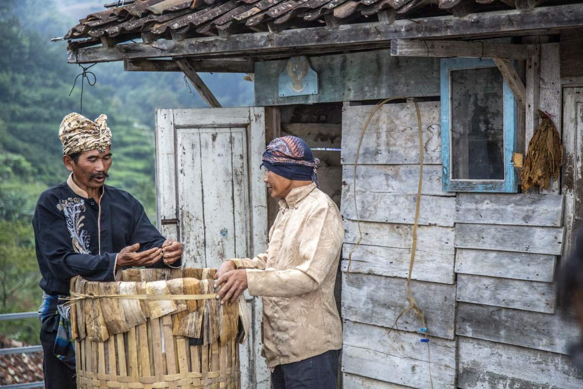Berbincang di depan keranjang tembakau